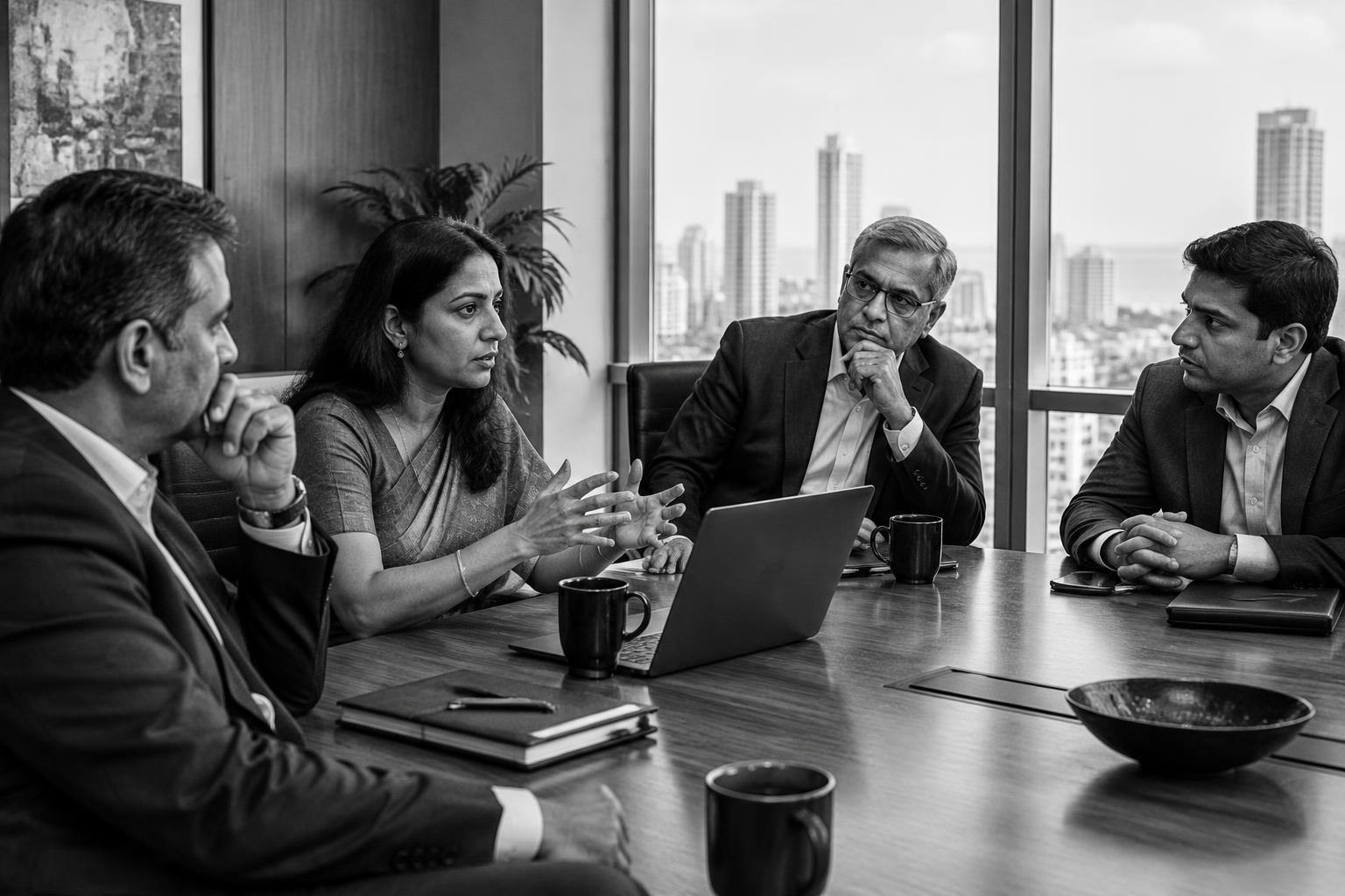 Indian enterprise leaders in a confidential boardroom discussion