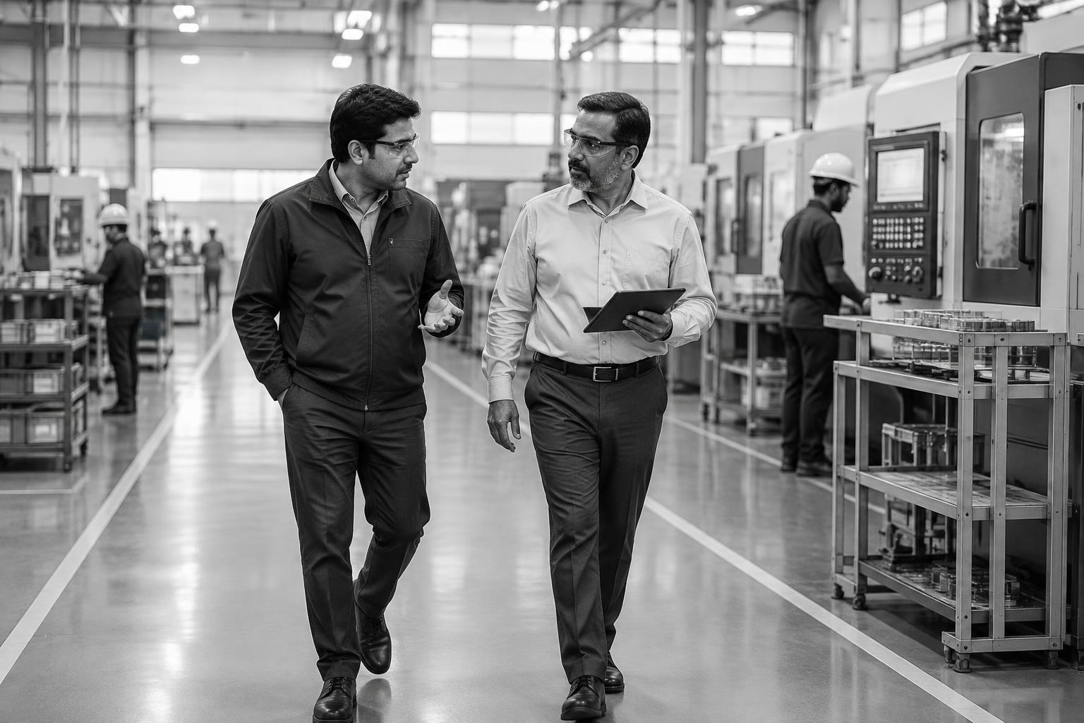 Indian business leaders reviewing systems on a manufacturing floor